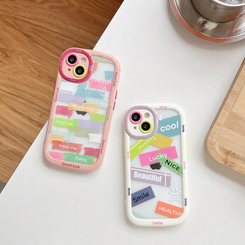 English Label Puff Case iPhone 11 12 13 14 Pro Max 14 Plus Women's Cute Pink White Good Luck Friends Gifts Soft Casing Cover