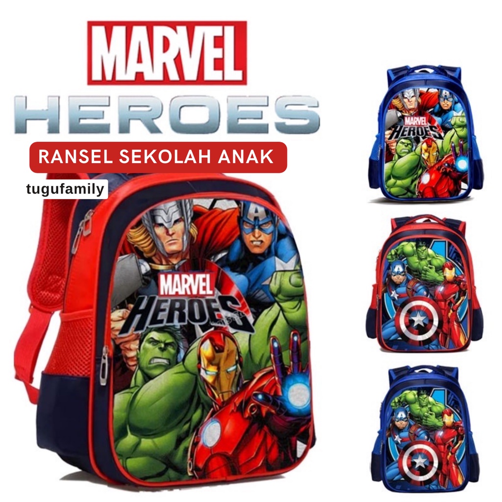 TERBARU RANSEL ANAK UKURAN 38X13X26 CM - TAS SEKOLAH TK-SD RANSEL ANAK LAKI-LAKI KARAKTER TAS MARVEL SUPERHERO IMPORT 3D EMBOSS BAHAN DINIR 300