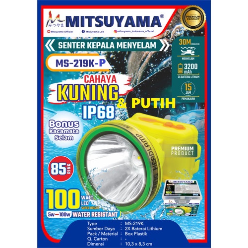 Senter Kepala Selam Diving 100 WATT  MS-219 K MS 219 P CAHAYA KUNING DAN PUTIH Headlamp WATER PROFF anti AIR 3 MODE rechargeable free Gratis Kacamata Renang ( COD )