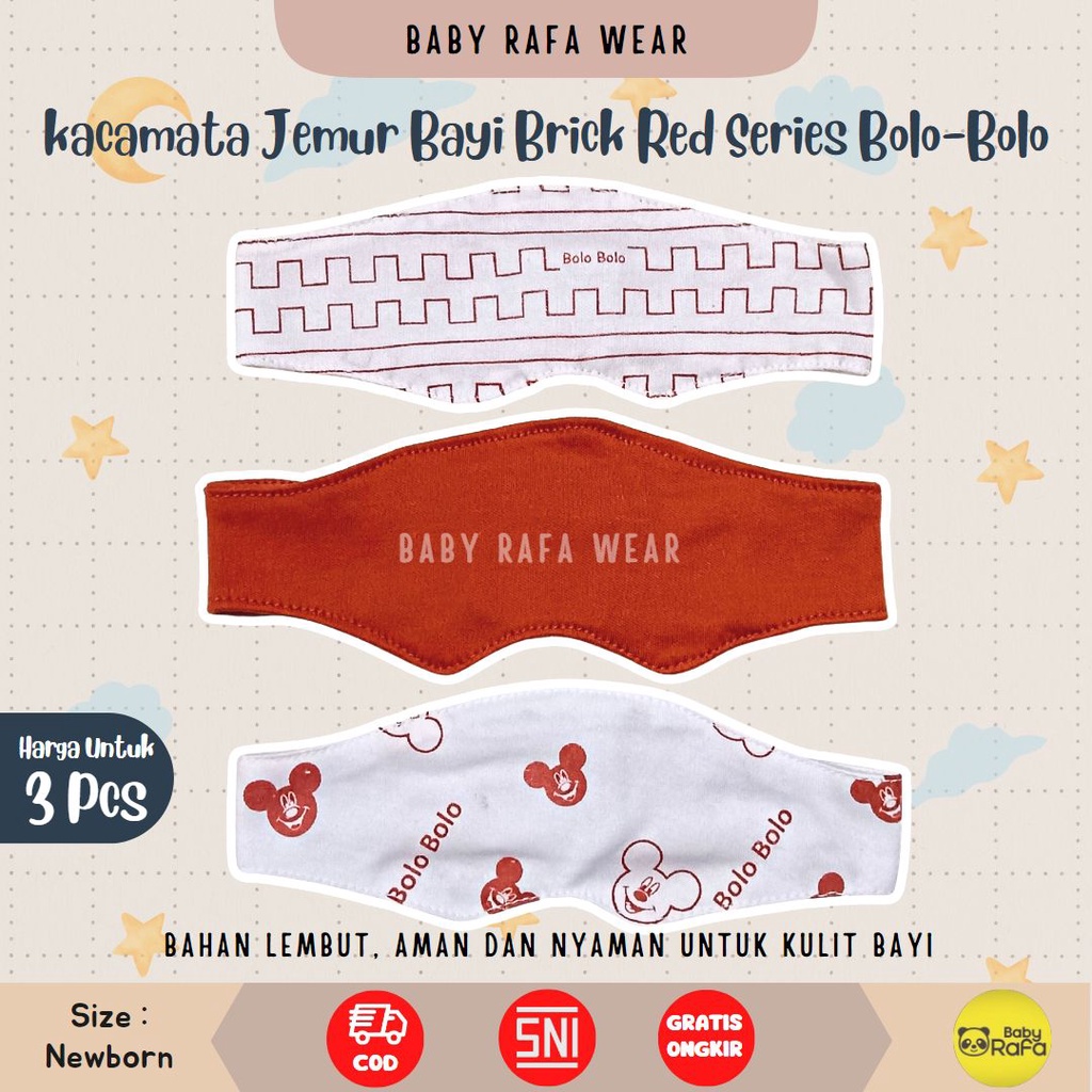 3 Pcs Kacamata Jemur Bayi Penutup dan Pelindung Mata Bayi Serian MERAH BATA merk SNI Bolo - Bolo