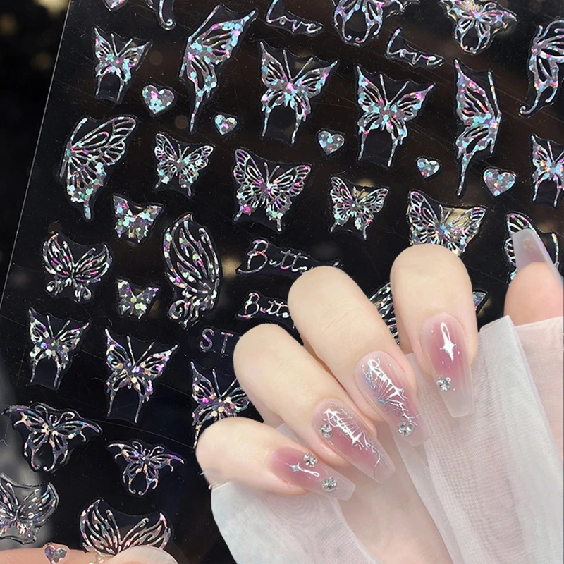 Silver Butterfly Nail Art Stiker 3D Laser Reflektif Ular Naga Bintang Bulan Hati Desain Foils Sparkly Decals Dekorasi Kuku