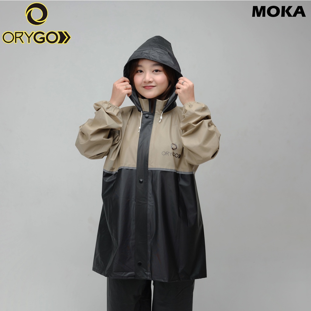 (MOCCA SERIES) JAS HUJAN SET HOODIE PREMIUM ORYGO RAINCOAT (Pria &amp; Wanita) Desain Trendy Anti Rembes Banyak Variasi Warna (READY TO USE) Pengiriman Cepat.