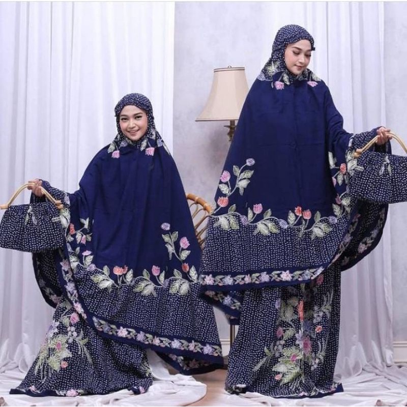 Mukena Jumbo Batik Encim Tas Rotan Hitam Warna Soft Al-Fariz Asli Pekalongan Rayon Samitex Tebal