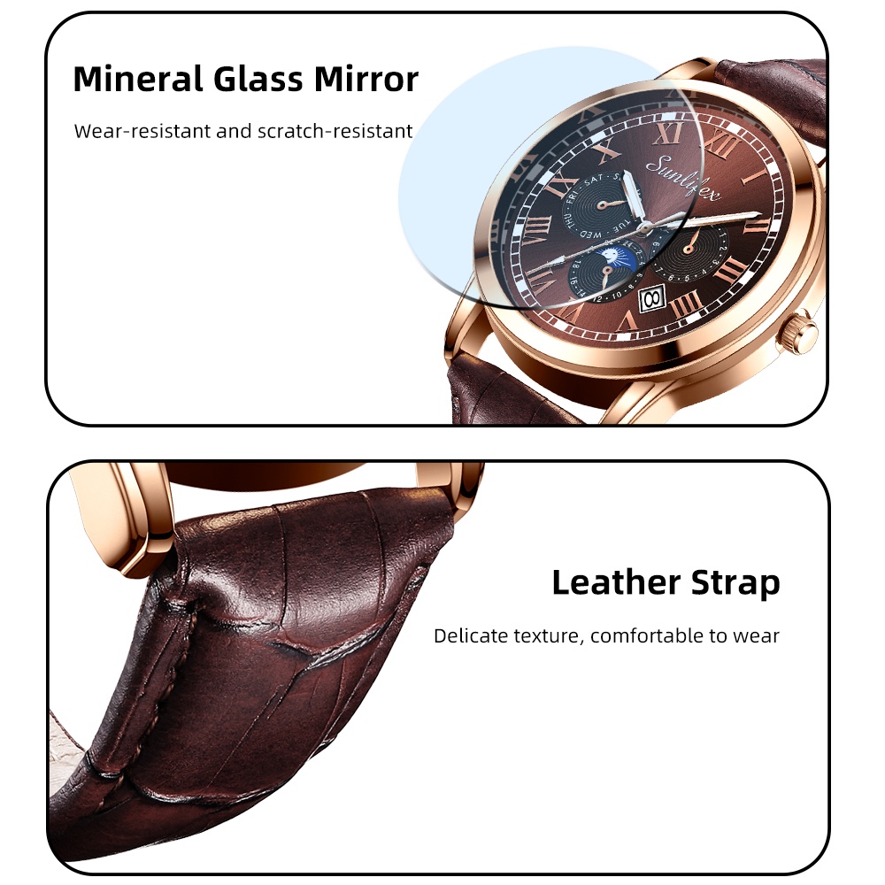 Sunlifex Jam Tangan Pria 7003 Kalender Kuarsa Santai Bisnis Tali Kulit Jam Tangan Cowok-8