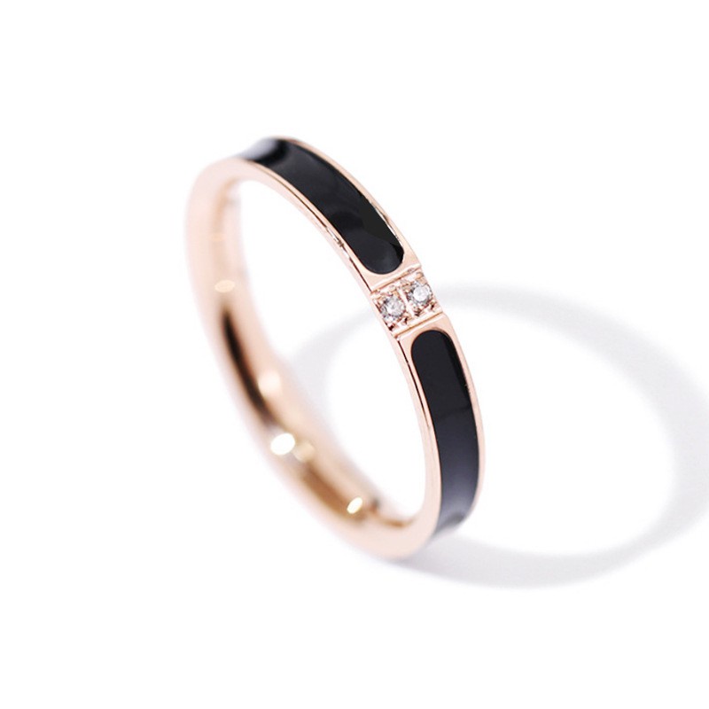 Cincin Berlian Bahan Titanium Steel Warna Hitam | Cincin Berlian Zirkon Mikro Inlaid Tunggal / Dua Berlian | Cincin Pasangan Warna Rose Gold