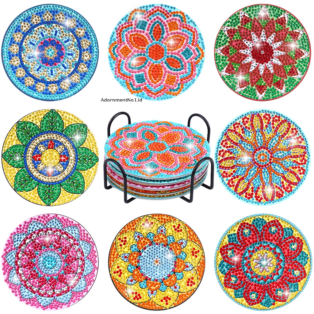 [AdornmentNo1] 8pcs Tatakan Gelas Diamond Paing Dengan Holder, DIY Mandala Coaster Diamond Painti [ID]