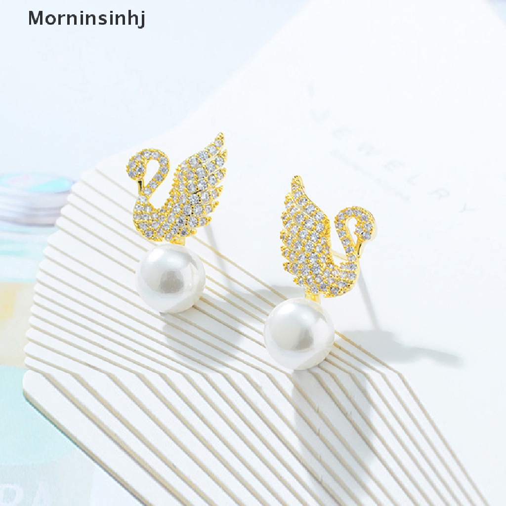 Mornin 1pasang Mutiara Imitasi Swan Berlian Imitasi Ear Studs Perhiasan Wanita Anting Fashion Aksesoris Pesta Hadiah id