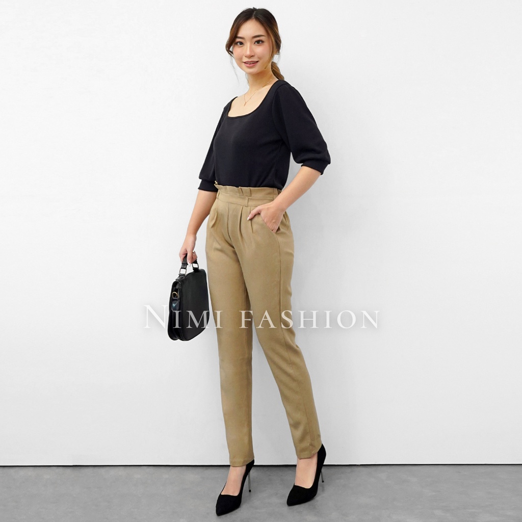 NIMI - Celana Bahan Wanita Formal Celana Kerja Highwaist Pinggang Rempel Karet