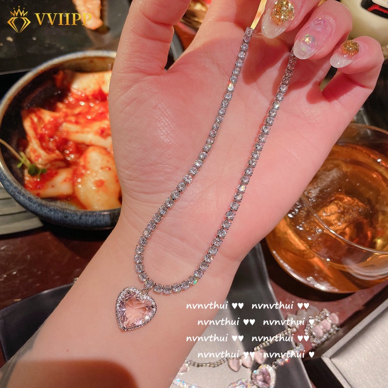 Kalung Liontin Zircon Warna Pink Berkilau Choker Rantai Hati Silver Untuk Aksesoris Perhiasan Wanita