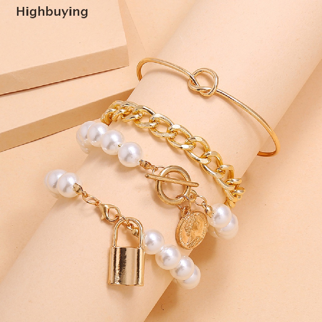 Hbid 4pcs Bohemian Multilayer Rumbai Mutiara Gelang Untuk Wanita Geometris Bulat Koin Manik-Manik Kunci Tangan Rantai Pesona Gelang Set Perhiasan Hadiah Glory