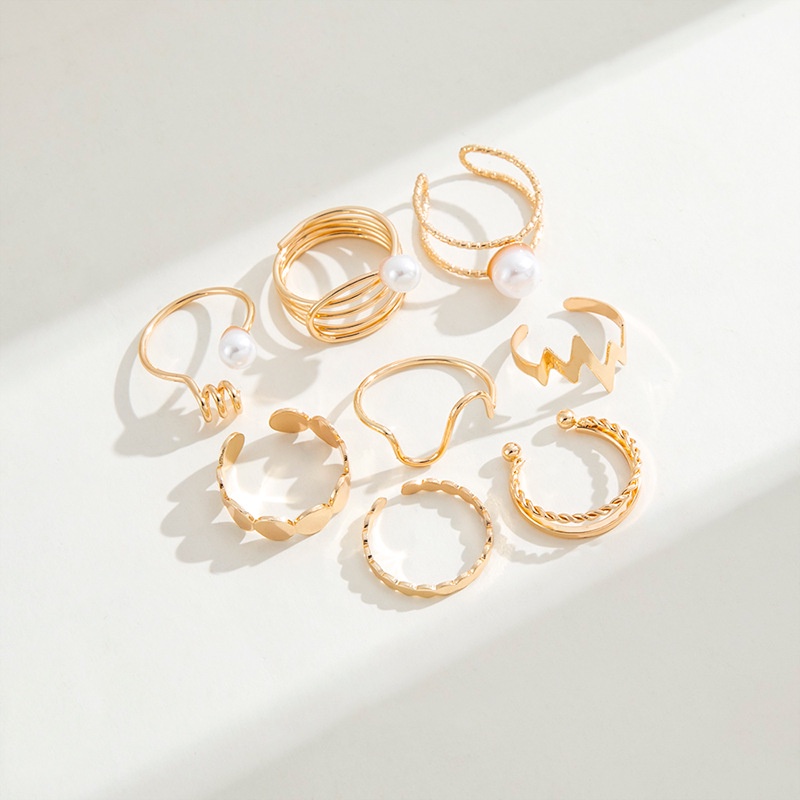 Fashion Eropa Dan Amerika Retro Imitasi Cincin Mutiara Geometris Prototype Halus Petir Pearl Ring 8-piece Set