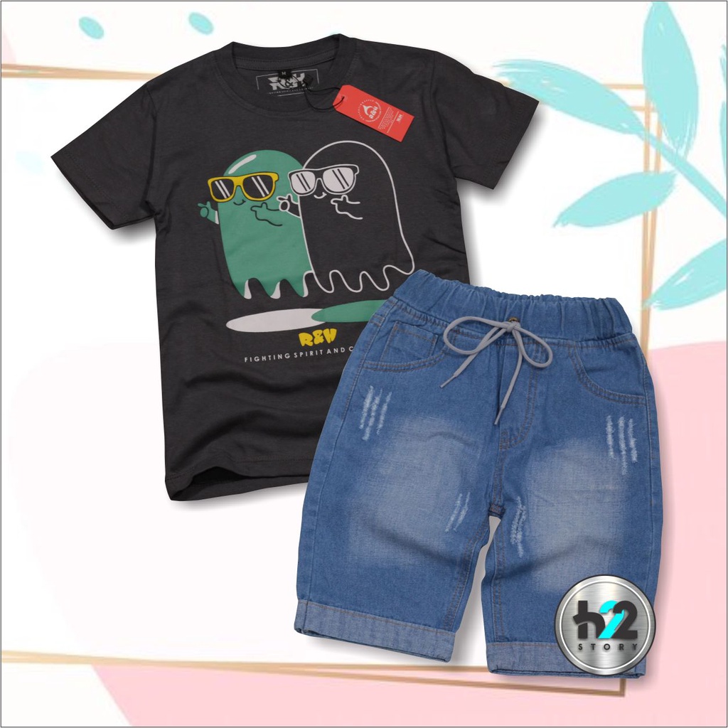 Setelan Anak Celana Jeans / Setelan Jeans Anak Laki Laki /  Setelan Kaos Distro Anak Celana Jeans Pendek Usia 3-12 Tahun / By H22Story-AbuTua BiruMuda
