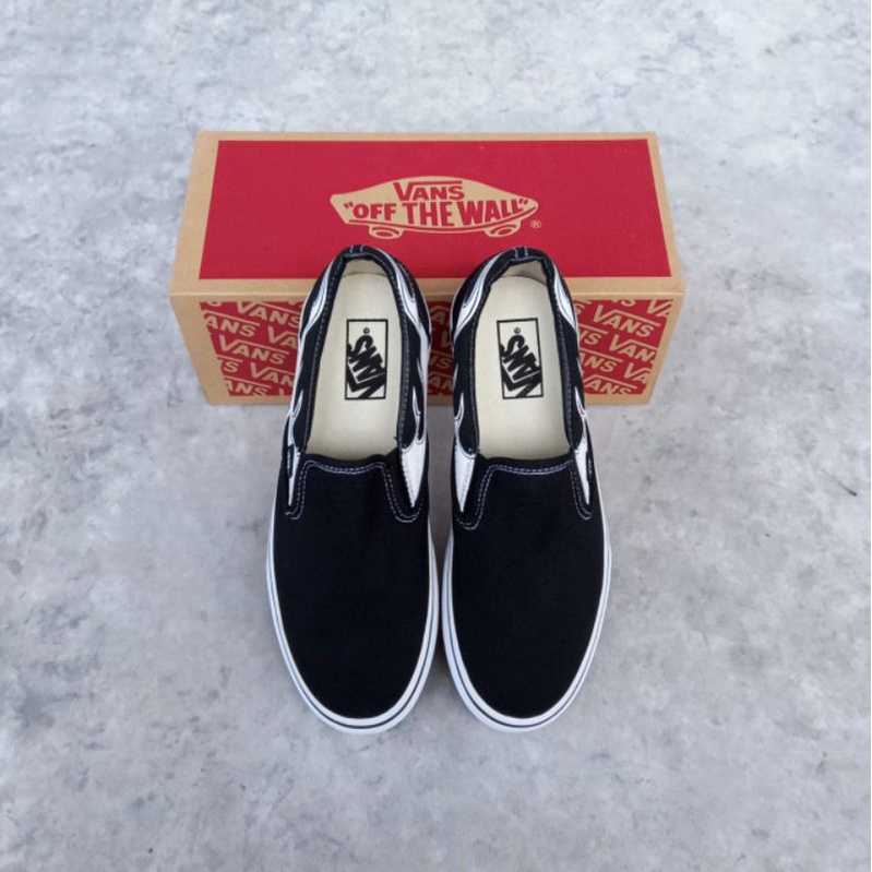 VANS SLIP ON FLAME BLACK WHITE