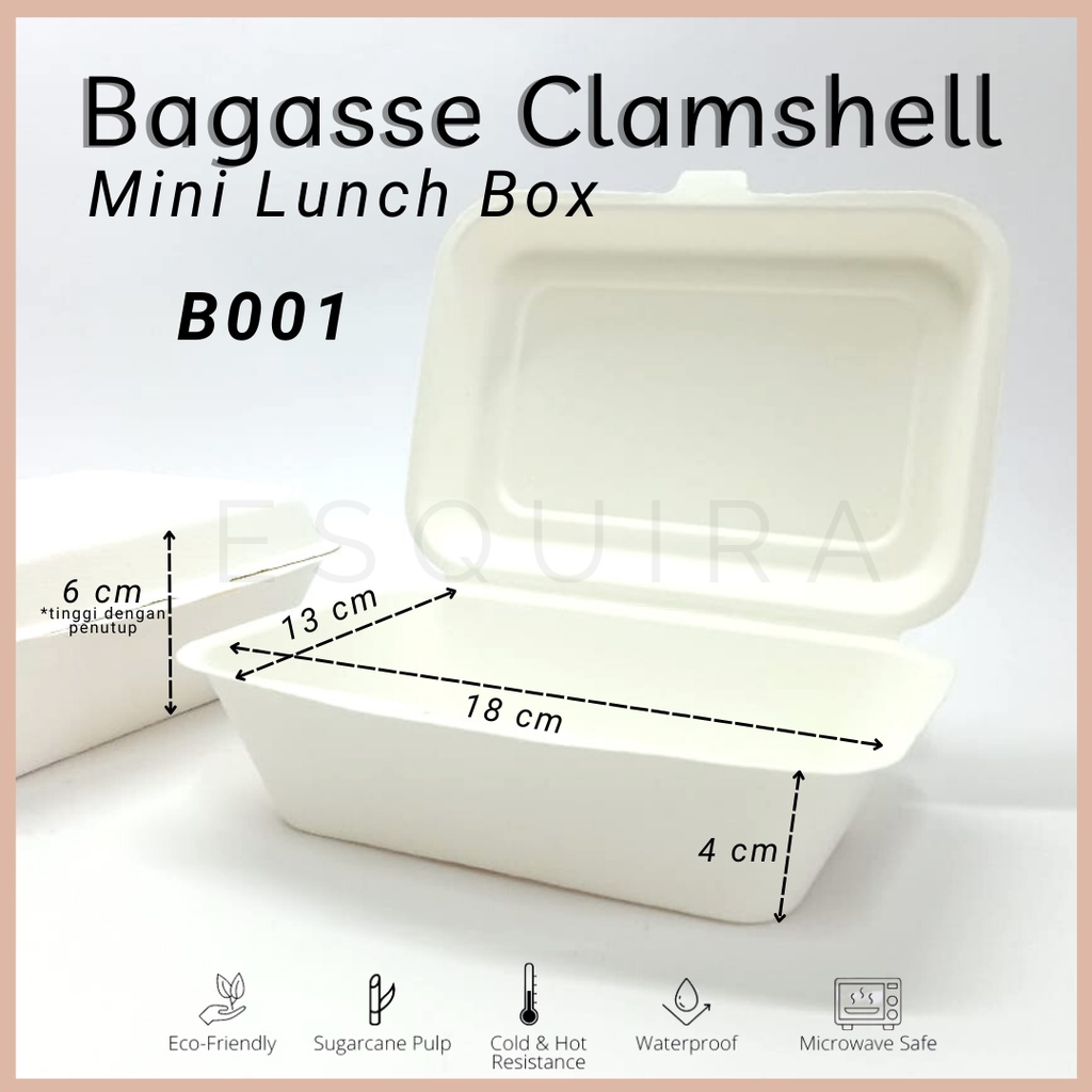 Bagasse Clamshell  / Mini Lunch Box /  Packaging makanan Serat Tebu 600 ml / 10 Pcs / B001