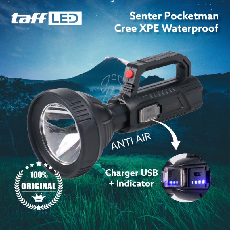 TaffLED Pocketman Senter LED Flashlight Waterproof USB Rechargeable Cree XPE Indicator