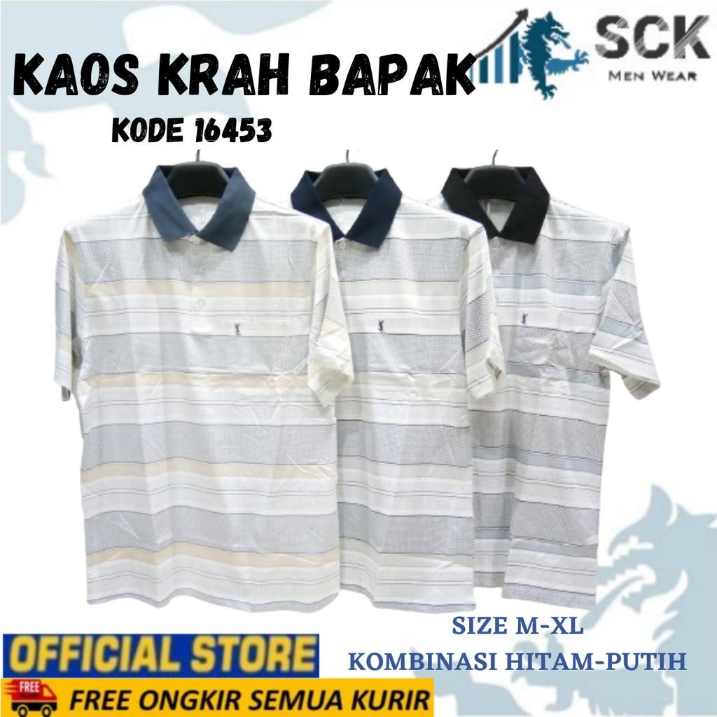 Kaos Krah Pria Bapak MZ Dewasa Warna Putih Kombinasi Salur Motif / Baju  Orang Tua / Pakaian Bapak Kakek 55-100Kg - sckmenwear GROSIR