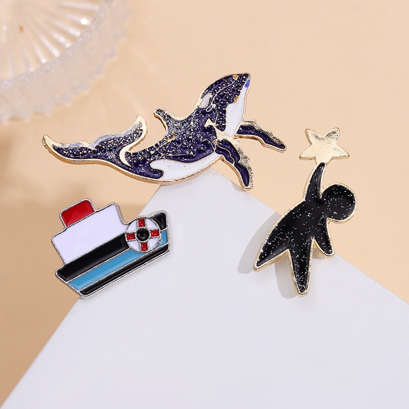 Perahu Paus Enamel Pin Bintang Hewan Lencana Logam Bros Wanita Anak Hadiah Perhiasan Lapel Topi Sweater Aksesoris Grosir