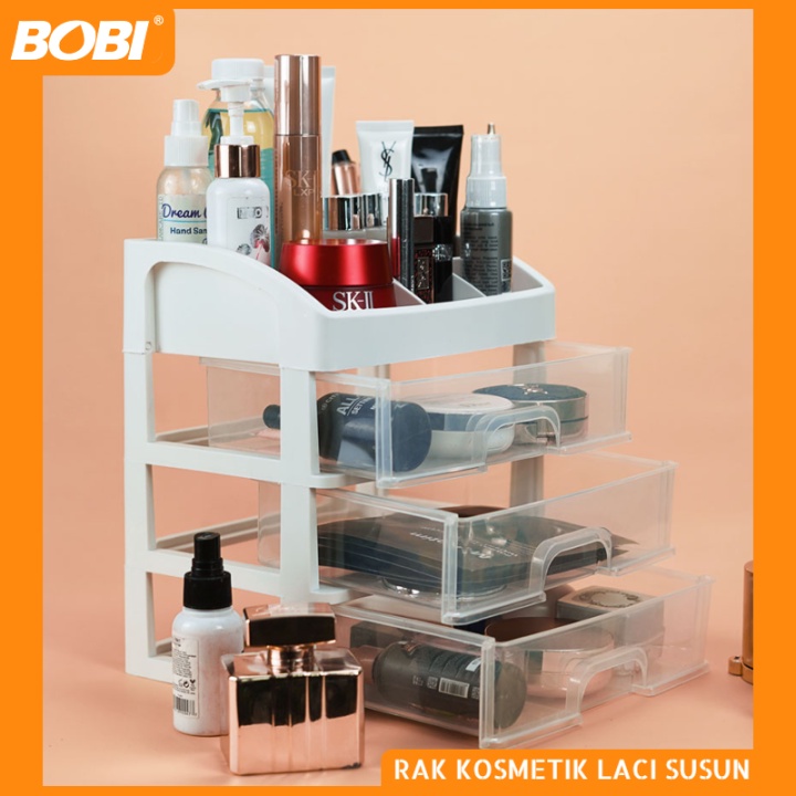 Rak Kosmetik - Rak Make Up Susun Plastik 3 Laci - Rak Serbaguna Merk Bobi Tanpa Dus