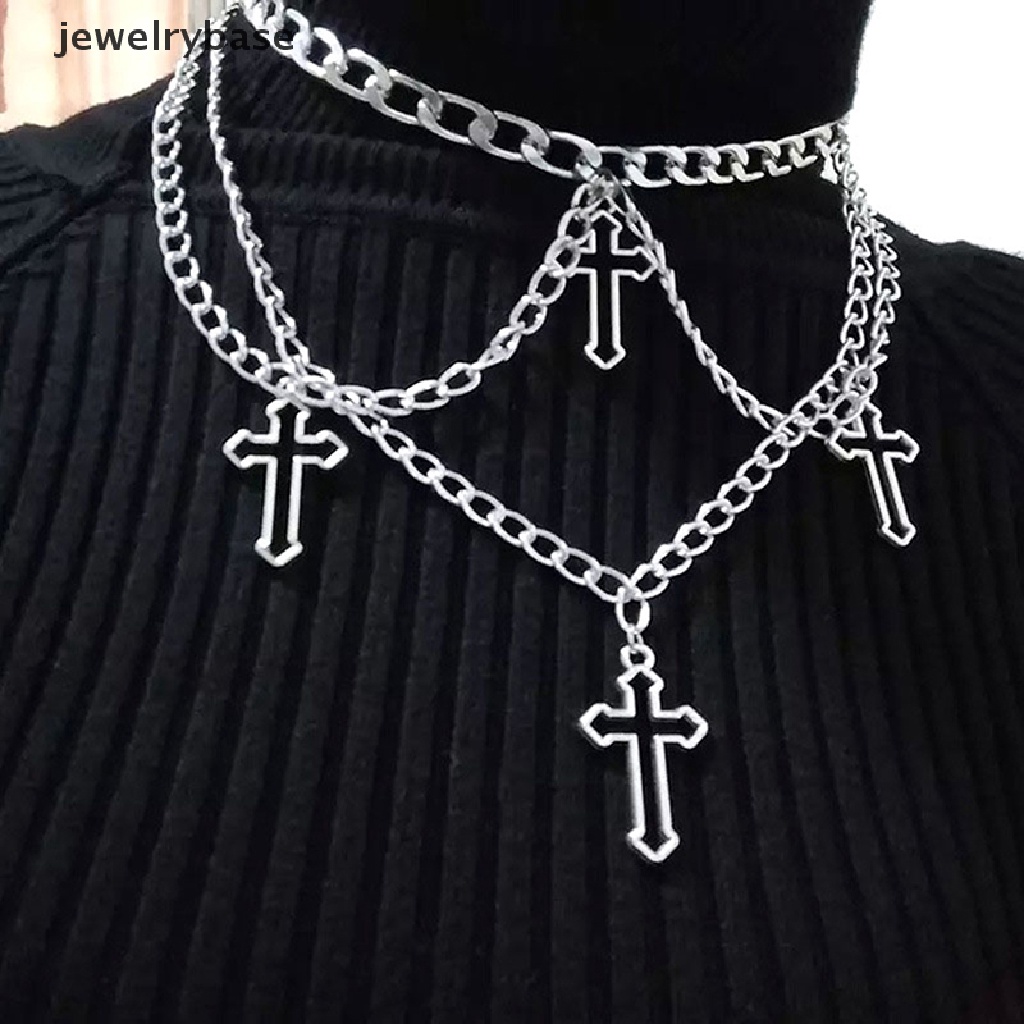 [jewelrybase] Goth Berongga Salib Choker Kalung Untuk Wanita Gothic Berlapis Chunky Liontin Kalung Panjang Multilayer Chains Necklace Boutique