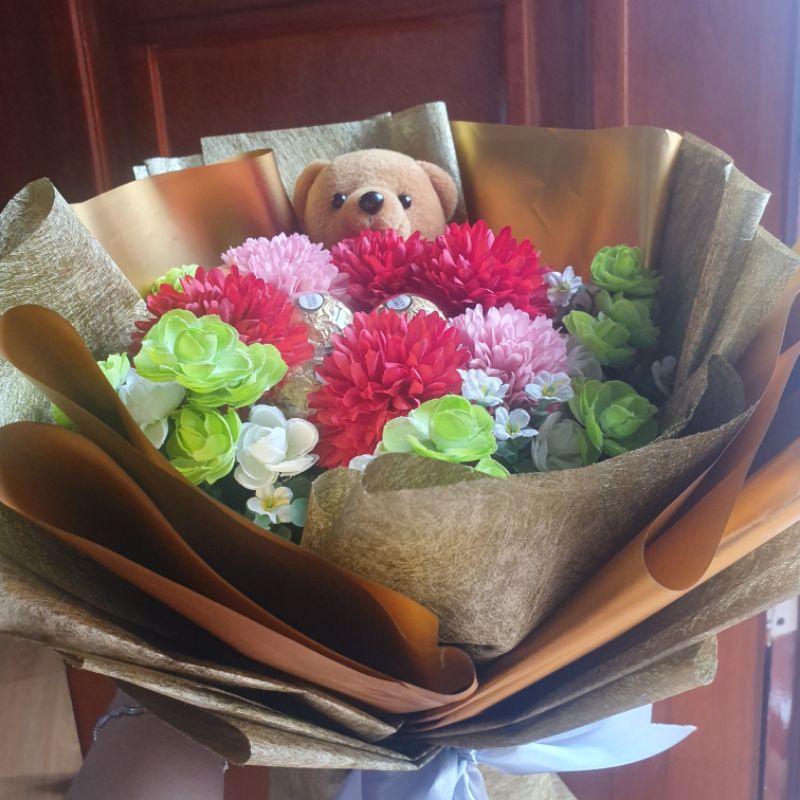 Buket Bunga Boneka Coklat ferero rocher Bunga valentine premium