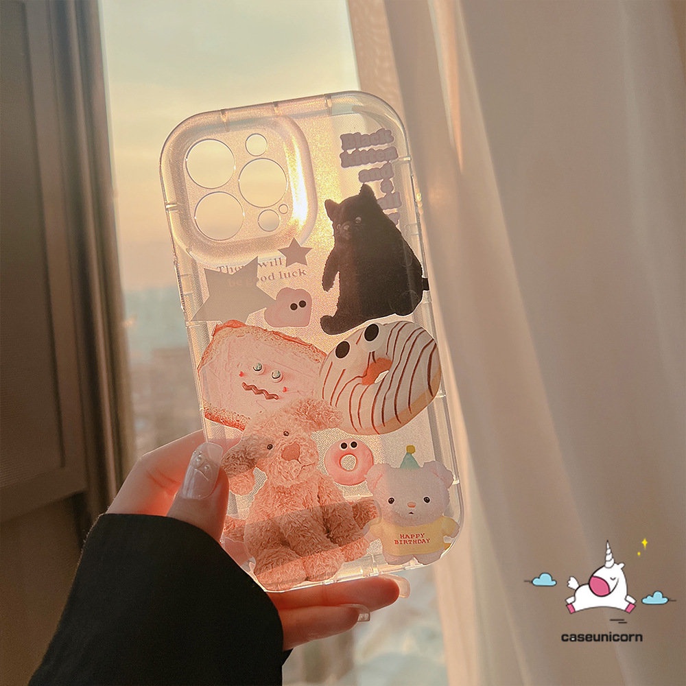 IPHONE Casing Ponsel Airbag Transparan Kompatibel Untuk Iphone11 13 14 12 Pro Max6 6S 7 8 Plus XR X XS MAX Ins Hewan Lucu Stiker Kartun Boneka Beruang Anjing Kucing Shockproof Lembut TPU Penutup Belakang