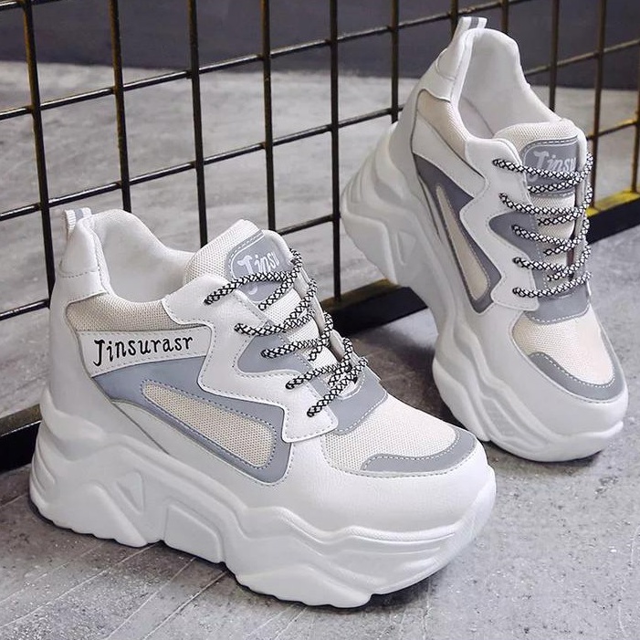 Sepatu Sneakers Wanita Cladiva Putih Abu Tali Casul Style Import Korea Jinsurast Sol Tinggi 5cm FSH146