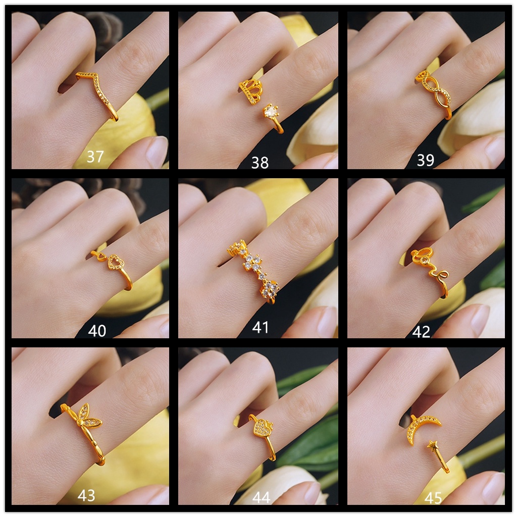 Goldkingdom Perhiasan Fashion Emas Asli Kadar 375 Bangkok Aksesoris Ready Stock 50desain Cincin Minimalis Wanita Bertatahkan Berlian Adjustable Berlapis Emas Halus Cincin