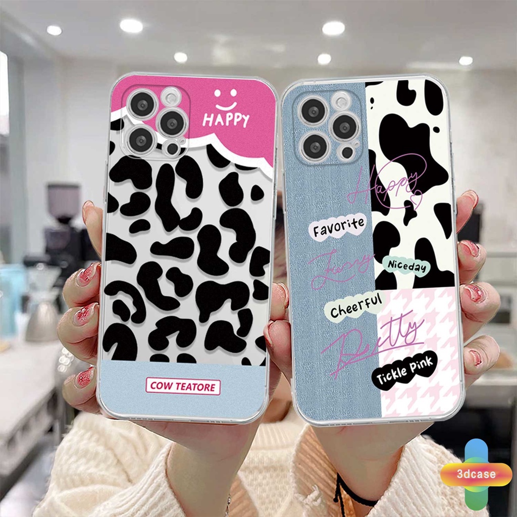 IPHONE Case Kompatibel Untuk For IPhone 11 12 13 PRO MAX 6 7 6S 8 Plus X XR XS MAX 11 12 13 Se 2020 6SPlus 7Plus 6Plus 8Plus XSMAX  Wavy Edge Cute Denim Patch Happy Leopard Print Bening Lembut TPU Pasangan Ponsel Case