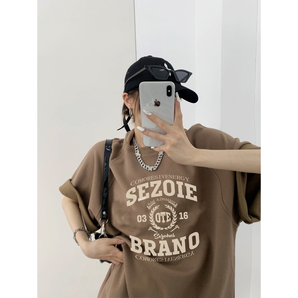 EUNII Brown T-shirt Lengan Pendek Retro English Design Printing Korean Style/Kaos Atasan Wanita/Baju Kaus Oversize Wanita/Kaos Wanita