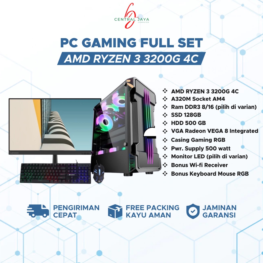 PC GAMING Fullset AMD Ryzen 3 3200G HDD500 SSD128GB DDR4 16GB + Monitor All new garansi 1 tahun