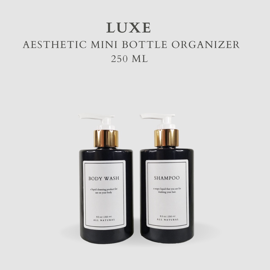 LUXE Botol MINI HITAM Label KOTAK PUTIH 250 ml Aesthetic Bottle Refill | Botol refill sabun /botol refill sabun/ botol isi ulang/botol sabun refill/botol sabun/botol pump/botol anak/bathroom organizer/bathroom amenities