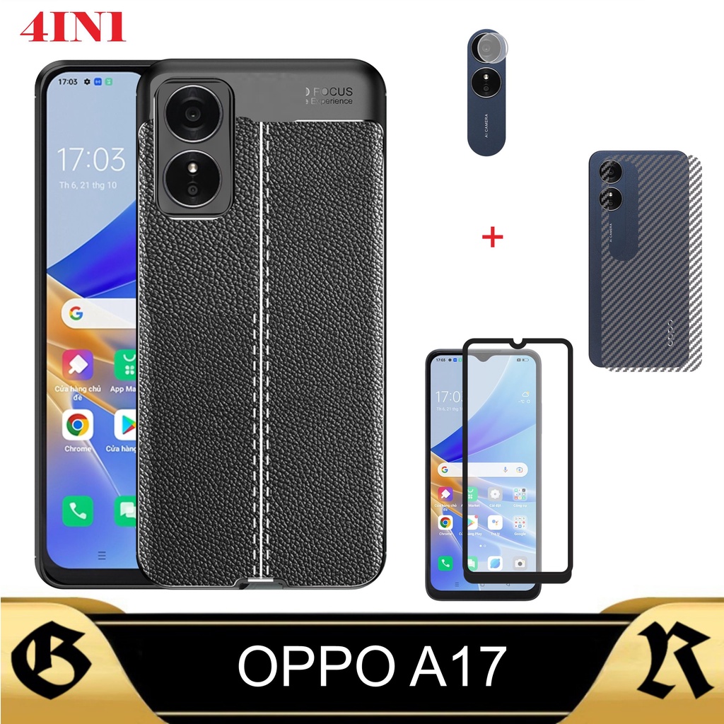 Promo Paket 4in1 Softcase Auto Focus Leather Oppo A17 2022 Casing Silikon HpTempered Glass Layar Bon