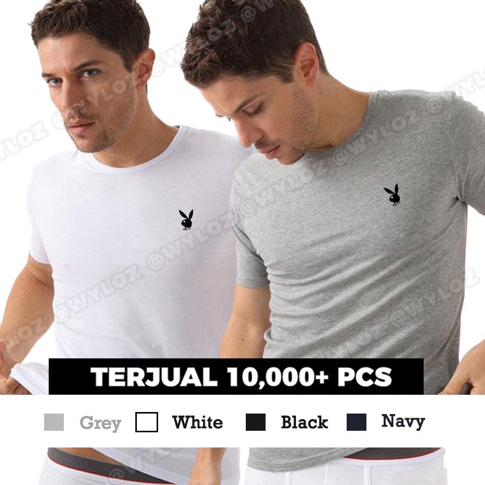 I77 Baju Kaos Dalam Oblong Singlet T-Shirt Playboy Body Fit Bahan Katun Putih Hitam Polos Ketat Gym 