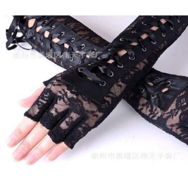 HG sarung tangan panjang setengah jari renda ikat pita half finger long gloves sexy lace