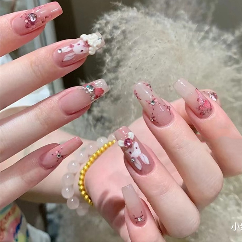 Kartun Lucu Pink Kelinci Pola Hewan Kuku Stiker 3D Kelinci Kuku Perekat Tape Manis Strawberry Pita Kuku Decal Manicure Art Dekorasi Alat Makeup Kuku