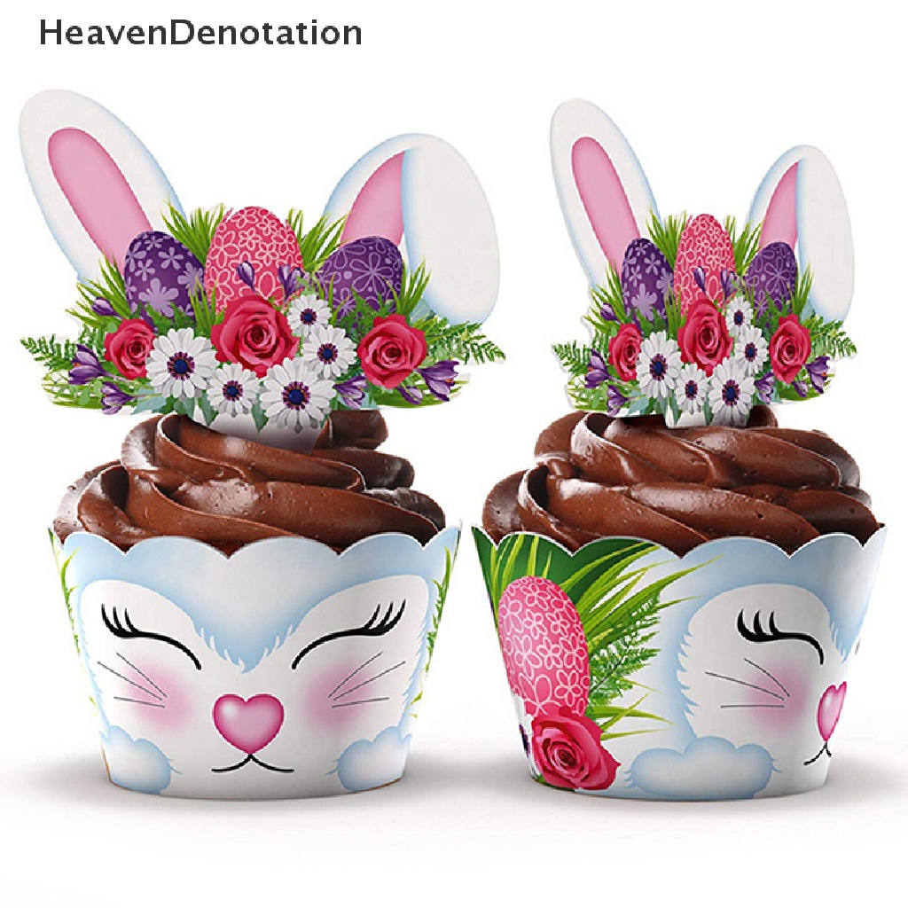 [HeavenDenotation] 24pcs/set Lovely Rabbit Cake Insert Card Wrapper Pesta Paskah Bunny Cake Topper HDV