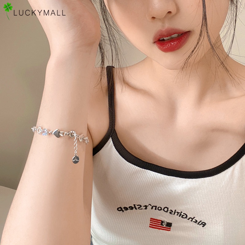 Gelang Rantai Kristal Perak Korea Berlian Hati Elegan Untuk Perhiasan Wanita Y2K Aksesoris