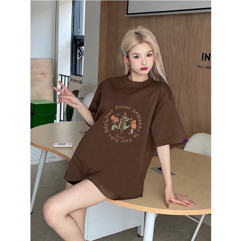 American Vintage Lengan Pendek T-shirt/Oversize Flower Pattern Print Kaos Korean Style Kekinian Baju Wanita