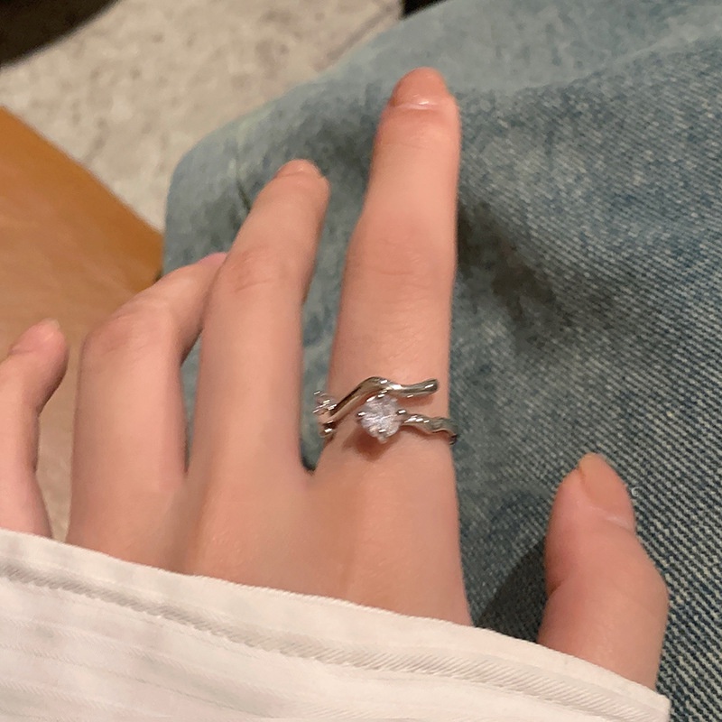 Cincin Perak Zirkon Pembukaan Geometris Tidak Teratur Perempuan Cincin Berlian Lamaran Korea