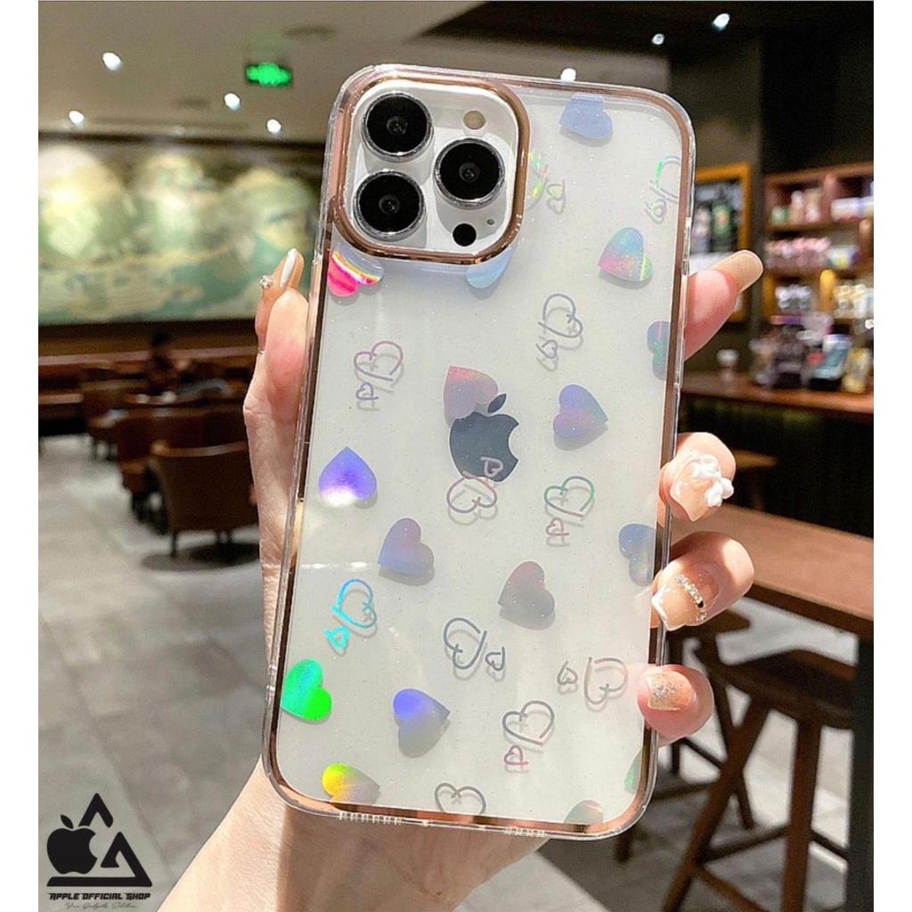 LUXURY SOFT CLEAR Goldy Love Hologram iPhone 14 PLUS 13 PRO MAX 12 PRO MAX XR 7 7+ 8 8+ SE 2 SE 3 List Chrome Krome Gold Laser Plating Softcase Soft Case Silikon Silicone Jelly Hardcase