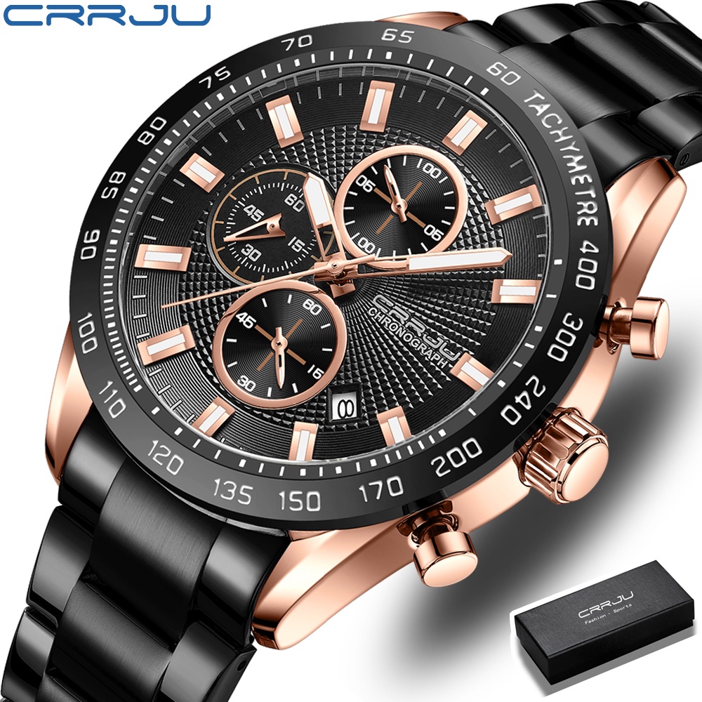 CRRJU Jam Tangan Pria Original Anti Air Mode Bisnis Kuarsa Tali Stainless Steel Crononya Aktif Jam Tangan Cowok