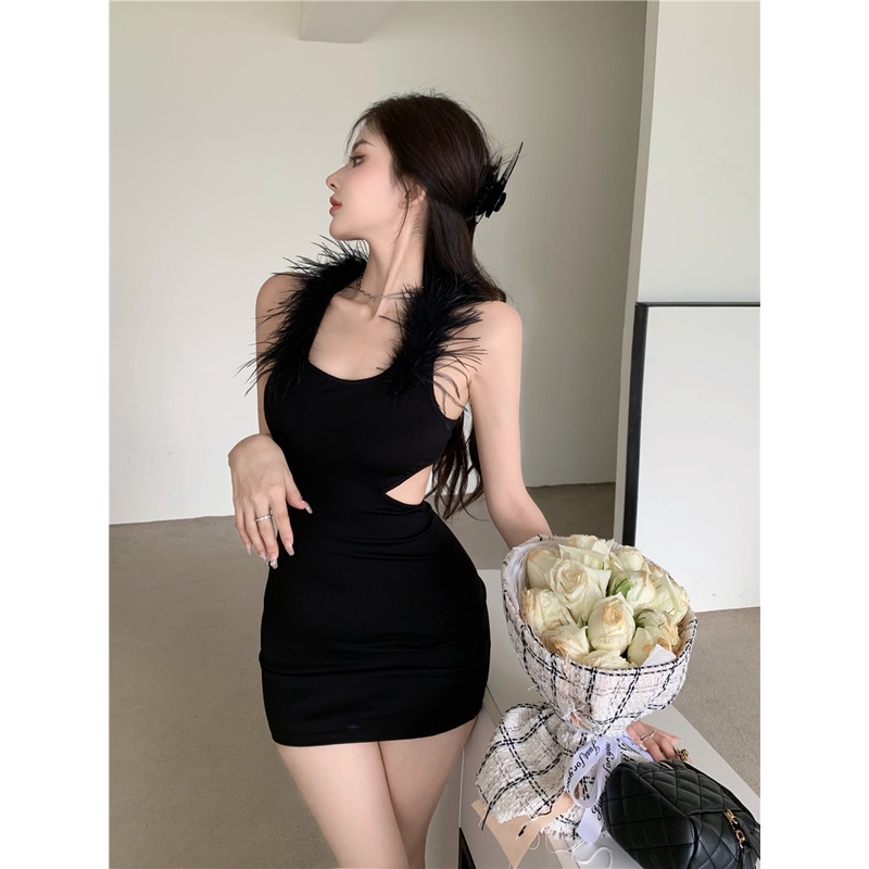 Red Rok rompi hitam mewah, gadis seksi, gaun ketat, musim panas wanita, tas pinggang berongga seksi, rok pinggul, rok pendek tanpa lengan