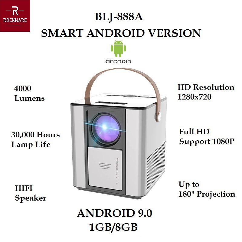 AKN88 -ROCKWARE BLJ-888A Android 9.0 Version - HD Projector 4000 Lumens