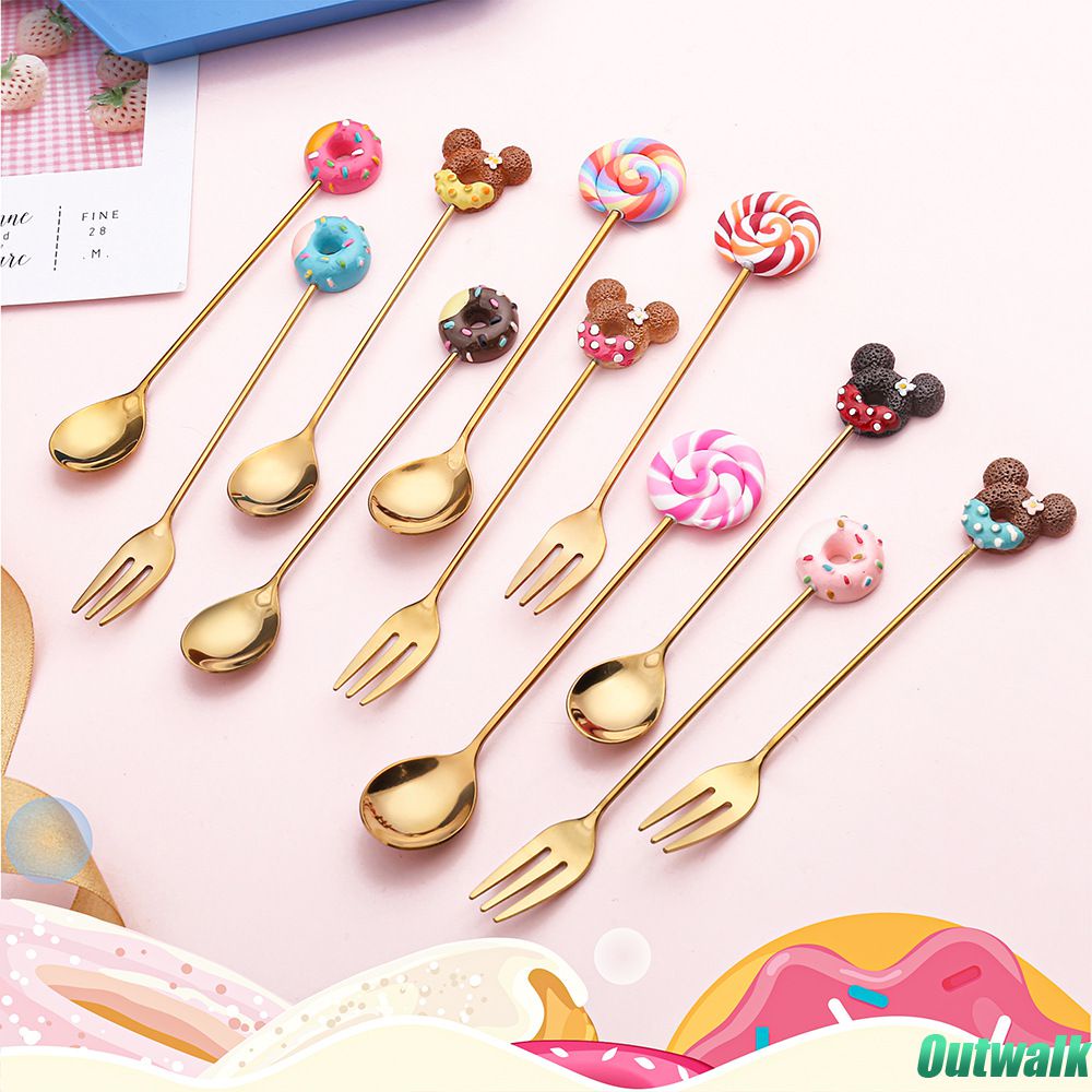 ღ Mickey Es Ccream Sendok Garpu Stainless Steel Pencampuran Sendok Kopi Kartun Buah Garpu Fashion Antirust Anak-anak Garpu Dapur Baking aksesoris