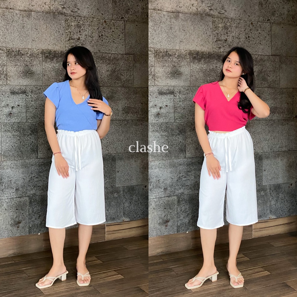 Baju Crop Wanita Atasan Lengan Pendek Crinkle Airflow Anti Lecek Korean Style Kekinian Terbaru Ootd Unna Top by Clashe