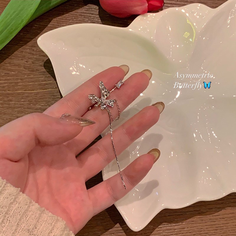 Papaozhu Korea s925 Perak Rantai Panjang Kupu-Kupu Klip Anting-Anting Untuk Wanita Gadis Tidak Teratur Berlian Imitasi Kecil Studs Rumbai Cuff Earrings Fashion Perhiasan Hadiah