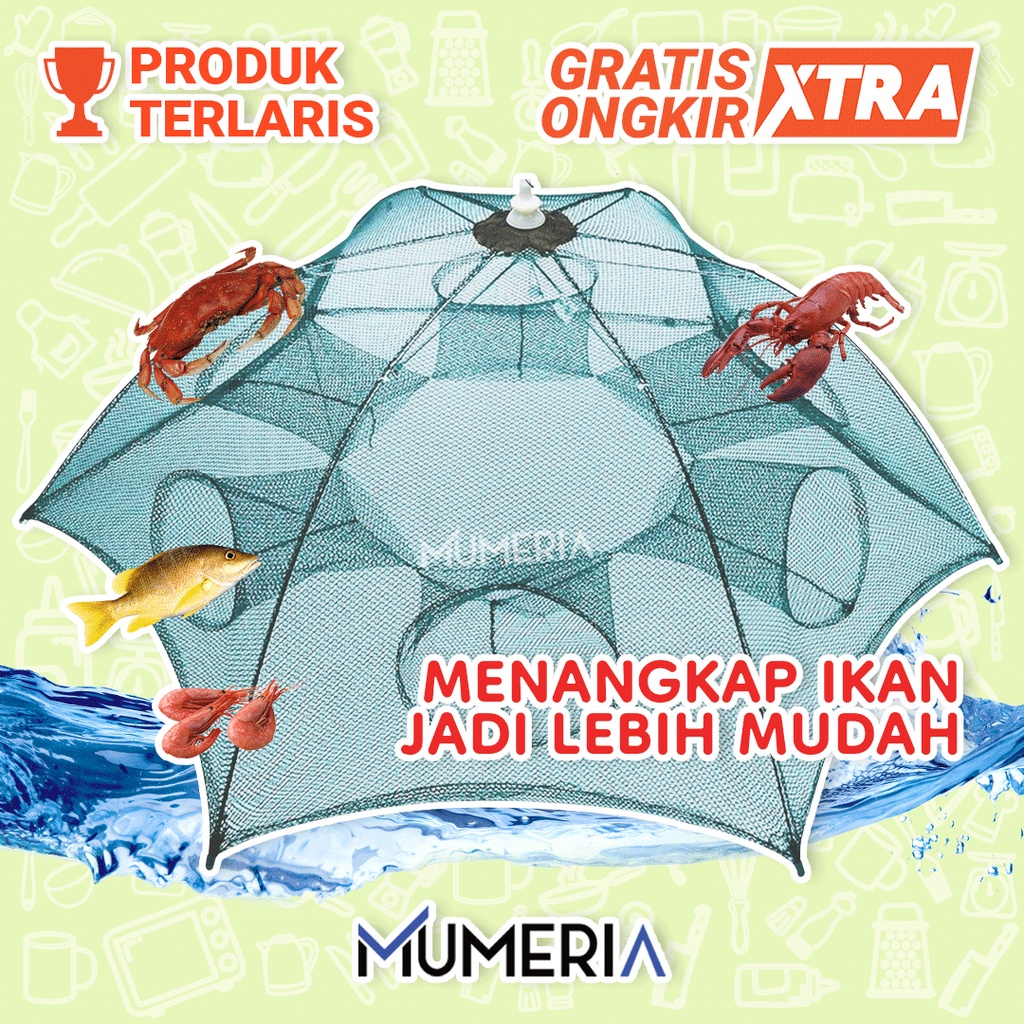 Perangkap Bubu Payung 6 Lubang Alat Jaring Pancing Jala Ikan Udang Kepiting Lele Lobster Sungai Laut Danau Fish Trap Net Multifungsi Murah Bagus