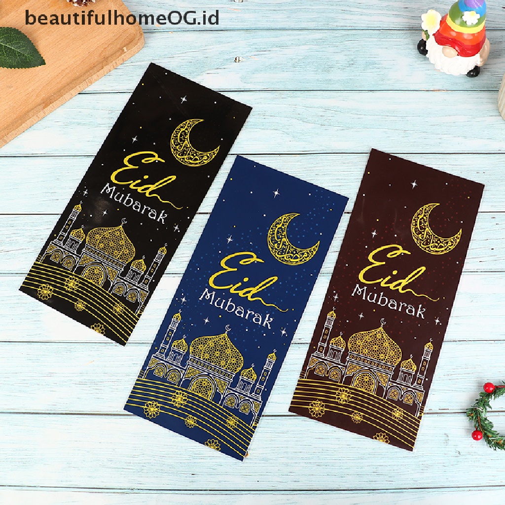 // Beautifulhomeog.id// 50Pcs Tas Bingkisan Eid Mubarak Moon House OPP Candy Cookie Bag Perlengkapan Pesta **