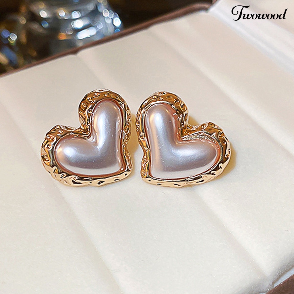 Twowood Women Ear Studs Gradient Heart-Berbentuk Cahaya Mewah Perak Wanita Kepribadian Fashion Faux Pearl Stud Earrings Pakaian Sehari-Hari