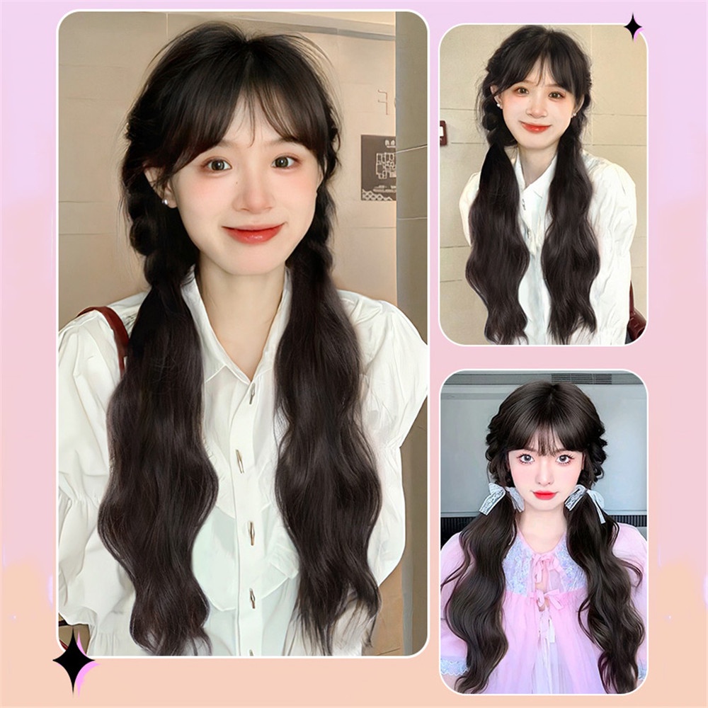 2pcs Korea Y2K Alami Ekor Kuda Keriting Panjang Wig Untuk Wanita Gadis Ekstensi Rambut Wig Aksesoris 45cm